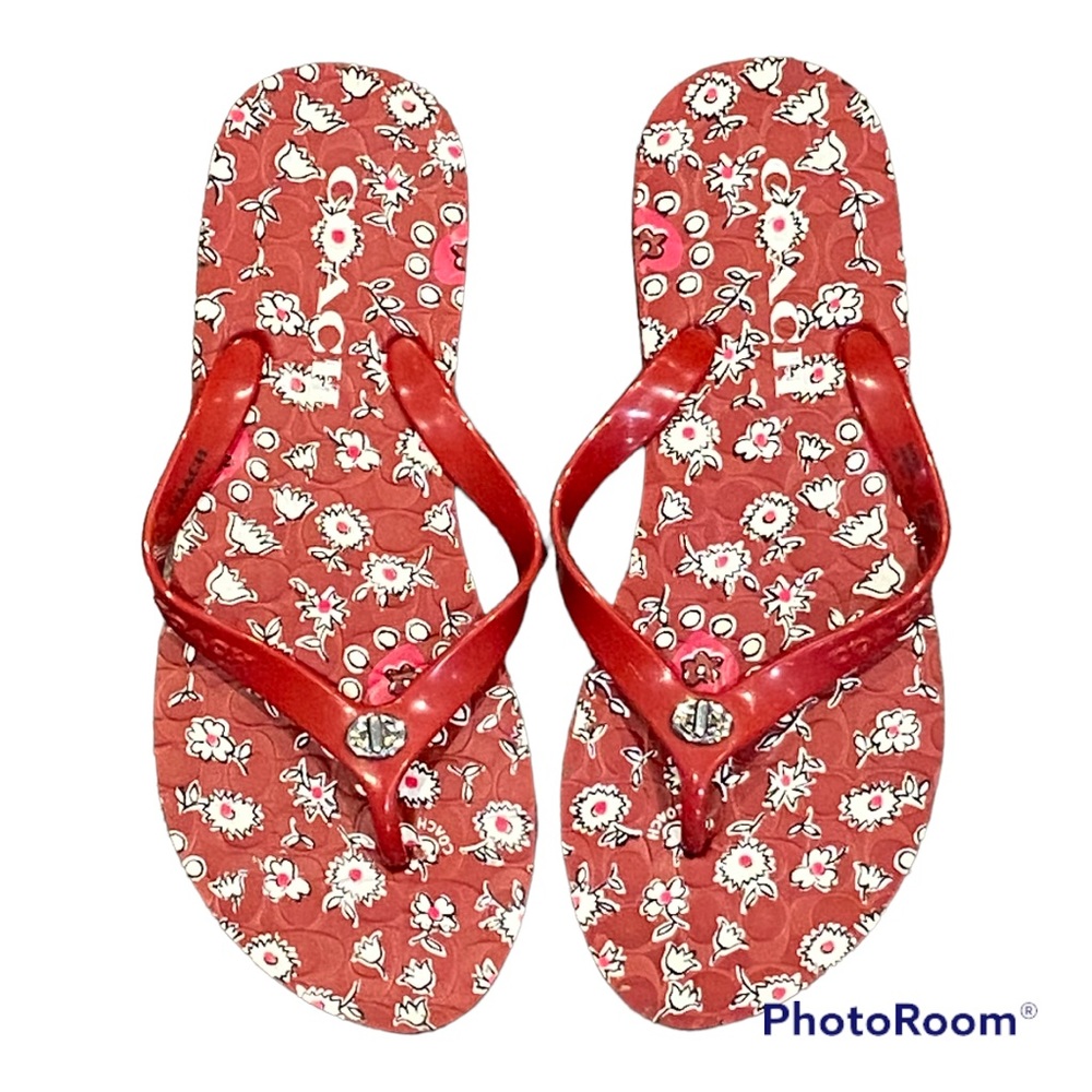 Coach red with white floral print flip flops